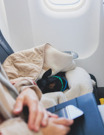 Dog in the aircraft cabin near the window during the flight, concept of traveling and moving with pets, small black dog sitting in a pet carrier bag, travel or relocation with dog by airplaneの写真素材
