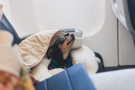 Dog in the aircraft cabin near the window during the flight, concept of traveling and moving with pets, small black dog sitting in a pet carrier bag, travel or relocation with dog by airplaneの写真素材