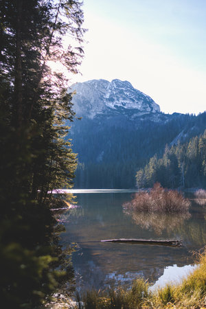 Beautiful view of Black lake, Crno Jezero in Durmitor National Park, Zabljak, northern Montenegro, landscape in a sunny day with blue sky, with glacial lake, forest hiking trail and mountainsの写真素材