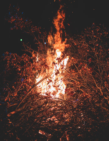 Orthodox Christmas celebration in Montenegro and Serbia, process of burning the Badnjak, fire with oak tree logs and branch during Badnji dan, the Christmas Eve, a bonfire, church and people aroundの写真素材