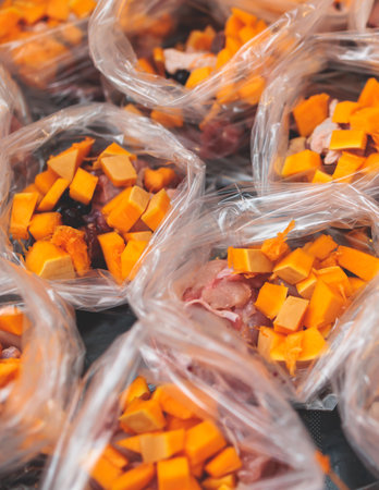 Process of preparing bowls with natural raw pet dog food at home, preparation of healthy raw barf for cats, with duck, turkey, offals, meat, vegetables, assorted fresh portions in container bagsの写真素材