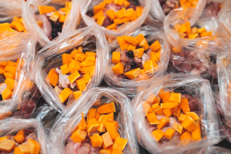Process of preparing bowls with natural raw pet dog food at home, preparation of healthy raw barf for cats, with duck, turkey, offals, meat, vegetables, assorted fresh portions in container bagsの写真素材