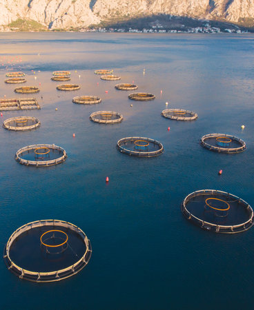 Aerial drone top view of sea fish farm cages and fishing nets, farming dorado, sea bream and sea...