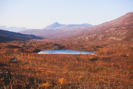 Beautiful vibrant fall autumn landscape of national park near border of Finland, Sweden and Norway, with mountains, camping place, road and forestの写真素材