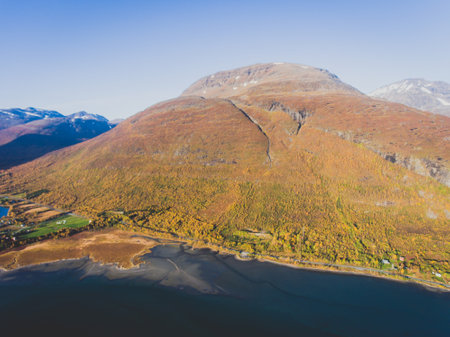 Classic norwegian scandinavian summer mountain landscape view with road, mountains and fjord with a blue sky, northern Norway, Finnmark County, shot from droneの写真素材