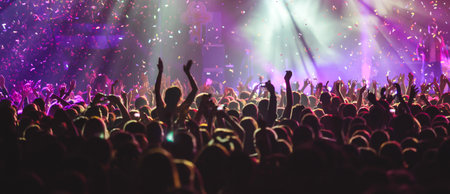 A crowded concert hall with stage stage lights, rock show performance, with people silhouettes during live music show performance with crowd of audienceの写真素材