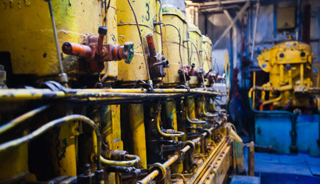 Engine Room on a cargo boat ship interior, ship's engine heavy Machinery Space - Pipes, Valves, Engines, oil rig platform interiorの写真素材