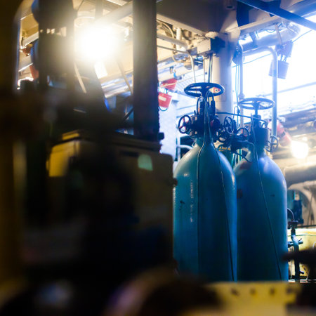 Engine Room on a cargo boat ship interior, ship's engine heavy Machinery Space - Pipes, Valves, Engines, oil rig platform interiorの写真素材
