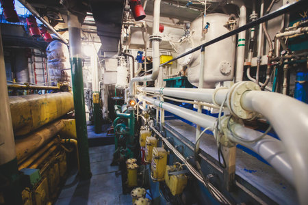 Engine Room on a cargo boat ship interior, ship's engine heavy Machinery Space - Pipes, Valves,...