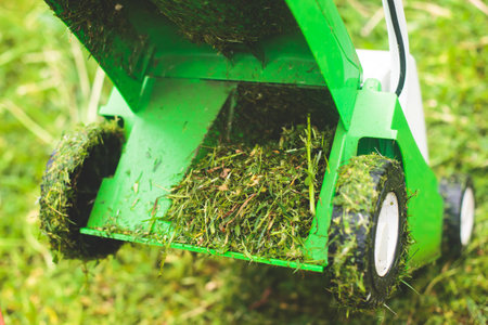 A process of lawn mowing, concept of mowing the lawn, lawnmower cutting grass with gardening tools and green grass aroundの写真素材