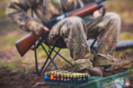 A process of hunting during hunting season, process of duck hunting, group of hunters and drathaar, german wirehaired pointer dogの写真素材