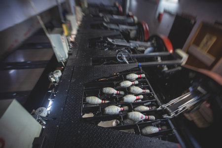 Bowling pinsetter machine, behind the bowling alley, pinspotter mechanism structure