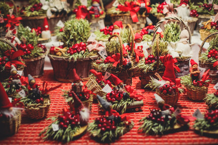 View of traditional famous annual Christmas Market in Senate Square of Helsinki, Finland, with kiosks, decoration, gifts and souvenirsの写真素材