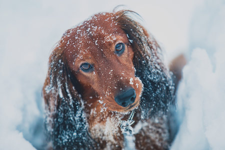 Beautiful Red Long-haired grown up adult Dachshund winter snowy portrait, playing in snowの写真素材