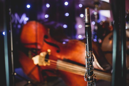 Set of musical instruments on a stage before jazz concert - clarinet, contrabass, drum set kit and othersの写真素材