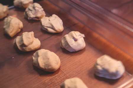 Process of cooking and serving traditional Georgian food cuisine, with pkhali khinkali dumplings and khachapuriの写真素材