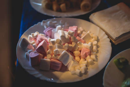 Vibrant Picture of Chocolate Fountain Fontaine on a children kids birthday party with a kids playing around and dipping marshmallows and fruits into the fountainの写真素材