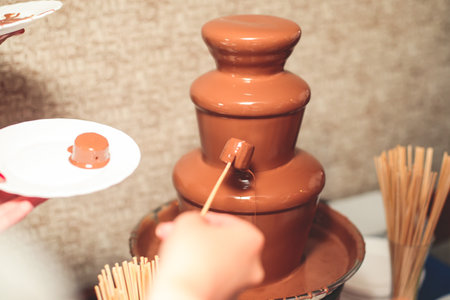 Vibrant Picture of Chocolate Fountain Fontaine on a children kids birthday party with a kids playing around and dipping marshmallows and fruits into the fountainの写真素材