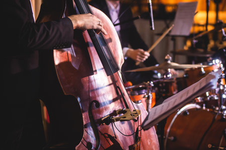 Concert view of a contrabass violoncello player with vocalist and musical during jazz orchestra band performing music, violoncellist cello player on stageの写真素材