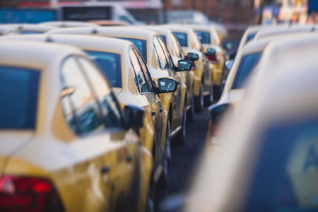 View of yellow taxi cab parking lot with yellow cars standing, set of taxibs in the streets, taxis standの写真素材