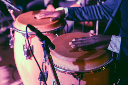 Bongo drummer percussionist performing on a stage with conga drums set kit during jazz rock show performance, tumbadora quinto with a latin cuban afro-cuban jazz band performing in the backgroundの写真素材