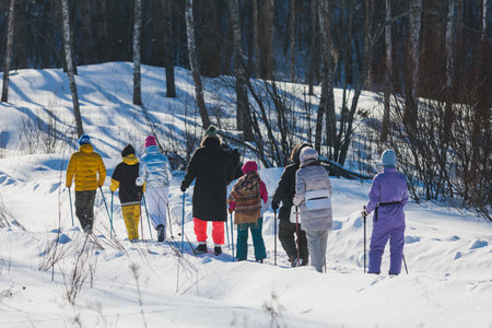 Process of winter hiking in Scandinavia, landscape view of finnish wilderness with a group of...