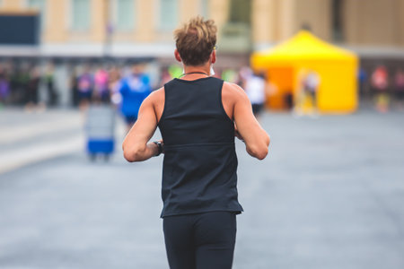 Marathon runners crowd, participants start running the half-marathon in the city streets, crowd of joggers in motion, group athletes outdoor training competitionの写真素材