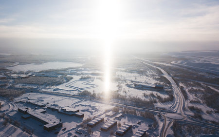 Aerial winter view of Kiruna, the northernmost town in Sweden, province of Lapland, winter sunny picture shot from droneの写真素材