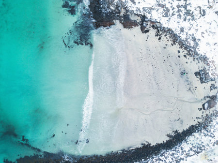 Aerial winter view of Lofoten Islands beach, Norway, shot from droneの写真素材