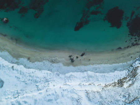 Aerial winter view of Lofoten Islands beach, Norway, shot from droneの写真素材