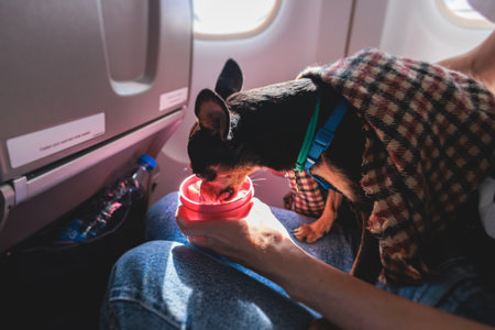 Dog in the aircraft cabin near the window during the flight, traveling and moving with pets and animals, small black dog sitting in the pet carrier bag, travel or relocation with a dog by airplaneの写真素材