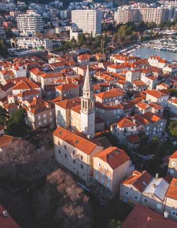 View of Budva old town, Budva Municipality and Riviera, resort on the Adriatic sea coast,...