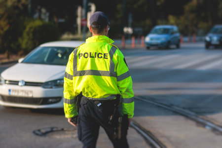 Inspector of traffic police highway patrol regulates the movement of transport in the center of...