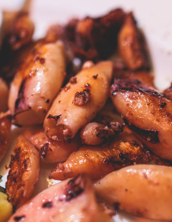 Fried grilled baby squids on a plate with garlic, lemon and mashed potato garnish served in a...