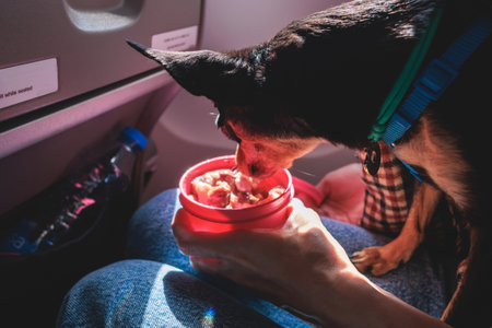 Dog in the aircraft cabin near the window during the flight, traveling and moving with pets and...