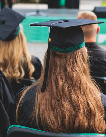 Graduation ceremony in university, female students wearing black mantles and academic mortarboard cap, group class of high school graduates receive diploma and getting a college degreeの写真素材