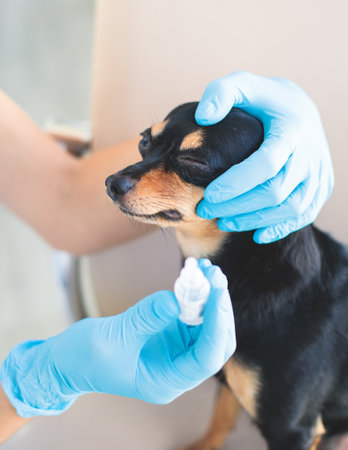 Veterinarian specialist holding small black dog and applying eye drops medicine, young dog vet treatment, dog treated at home, dripping anti-dry drops into the eyesの写真素材