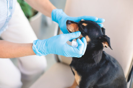 Veterinarian specialist holding small black dog and applying eye drops medicine, young dog vet treatment, dog treated at home, dripping anti-dry drops into the eyesの写真素材