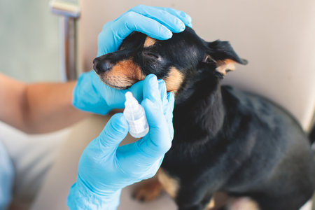 Veterinarian specialist holding small black dog and applying eye drops medicine, young dog vet treatment, dog treated at home, dripping anti-dry drops into the eyesの写真素材