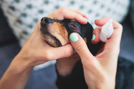 Veterinarian specialist holding small black dog and applying eye drops medicine, young dog vet treatment, dog treated at home, dripping anti-dry drops into the eyesの写真素材
