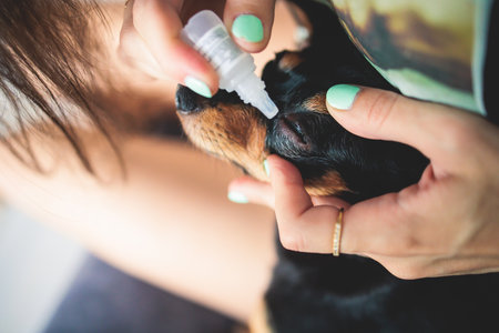Veterinarian specialist holding small black dog and applying eye drops medicine, young dog vet treatment, dog treated at home, dripping anti-dry drops into the eyesの写真素材