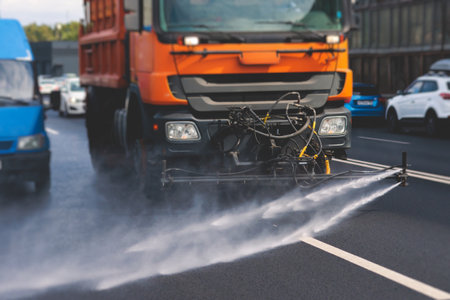 Municipal watering truck machines washes asphalt, process of street disinfection and cleaning from dust and dirt, cleaning flusher sweeper machines wash the city streets road with a water sprayの写真素材