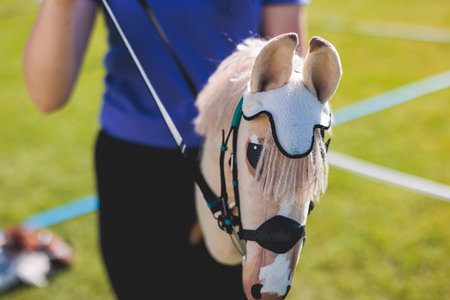 Hobby horsing competition on a green grass, hobby horse riders jumping, equestrian sport training with stick toy horses in a summer sunny day, equipment for hobbihorsingの写真素材