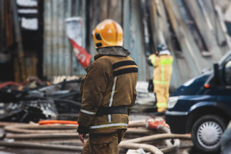 Group of fire men in protective uniform during fire fighting operation in the city streets, firefighters brigade with the fire engine truck vehicle in the background, emergency and rescue serviceの写真素材