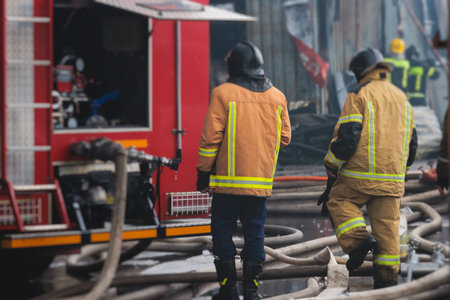 Group of fire men in protective uniform during fire fighting operation in the city streets, firefighters brigade with the fire engine truck vehicle in the background, emergency and rescue serviceの写真素材