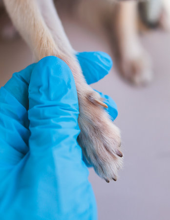 Veterinarian specialist holding tiny white dog, process of cutting dog claw nails of a small breed dog with a nail clipper tool, close up view of dog's paw, trimming pet dog nails manicure at homeの写真素材