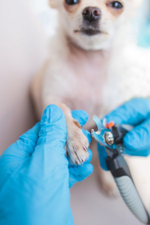 Veterinarian specialist holding tiny white dog, process of cutting dog claw nails of a small breed dog with a nail clipper tool, close up view of dog's paw, trimming pet dog nails manicure at homeの写真素材