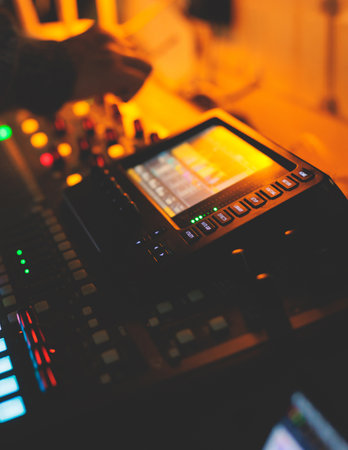 View of lighting technician operator working on mixing console workplace during live conference event, concert show broadcast, light mixer controller panel, workplace sound professional equipmentの写真素材