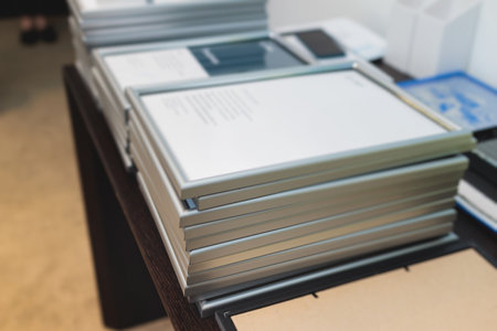 Pile of certificates in golden and silver frames, reward certificate and diploma for employees and colleagues, company contest award, winning a prize in corporate competitionの写真素材
