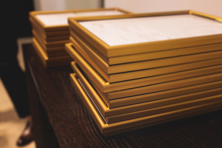 Pile of certificates in golden and silver frames, reward certificate and diploma for employees and colleagues, company contest award, winning a prize in corporate competitionの写真素材